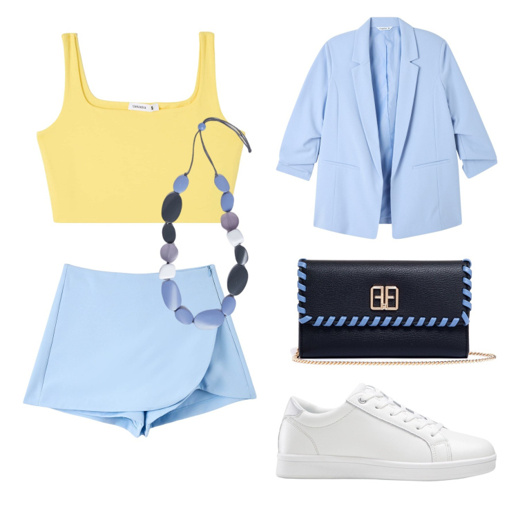 Outfit donna - Spring outfit. Stile Trendy per Tutti i giorni. Abbinamento con sneakers, gonne, blazer, reggiseni, pochette, collane.