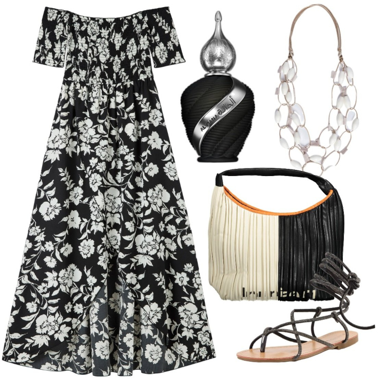 Outfit donna - Una sera in vacanza. Stile Casual chic per Serata fuori. Abbinamento con profumi, vestiti lunghi, sandali alla schiava, borse a spalla, collane.