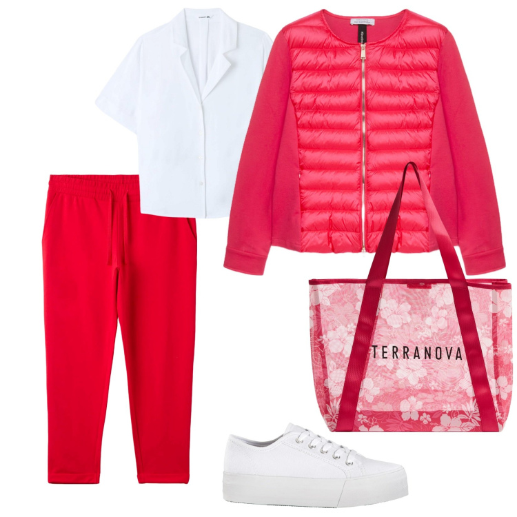Outfit donna - E se piove?. per Tutti i giorni. Abbinamento con sneakers, shopping bag, pantaloni, camicie a manica corta, piumini.