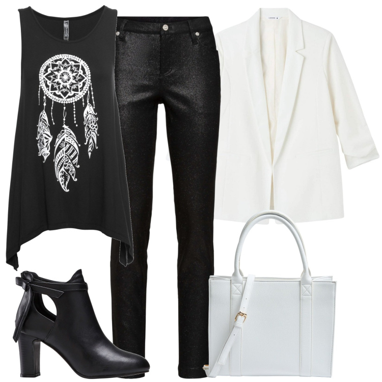 Outfit donna - Total look #1863220. Stile Rock per Tutti i giorni. Abbinamento con top, pantaloni, stivaletti, shopping bag, blazer.