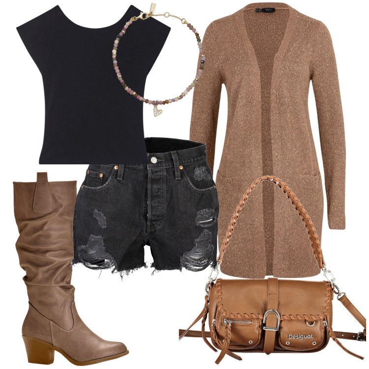 Outfit donna - Voglia di short. Stile Urban per Tutti i giorni. Abbinamento con stivali, cardigans, t-shirt, braccialetti, pantaloni, borse a spalla.