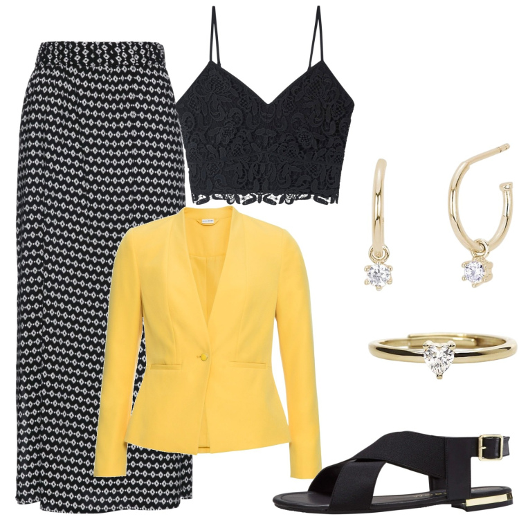 Outfit donna - Top macramè nero. Stile Casual per Tutti i giorni. Abbinamento con blazer, sandali, gonne lunghe, top, anelli, orecchini.