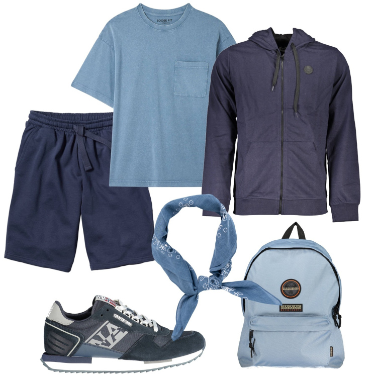 Outfit uomo - Workout in blu. Stile Casual per Sport. Abbinamento con bermuda, t-shirt, scarpe sportive, felpe con cappuccio, borse sportive, sciarpe e foulard.