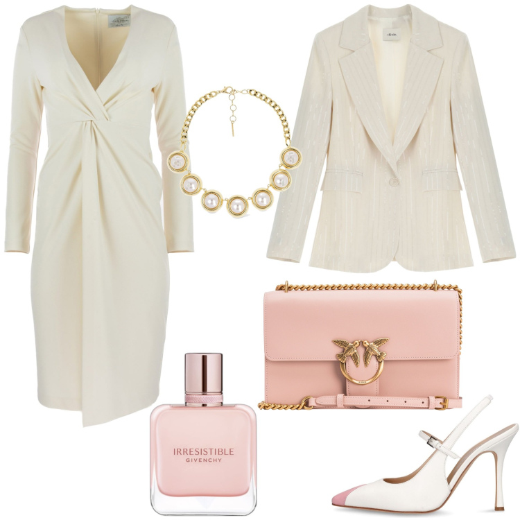Outfit donna - L\'evento importante. Stile Chic per Cerimonia. Abbinamento con profumi, borse a tracolla, blazer, vestiti midi/longuette, décolleté, collane.