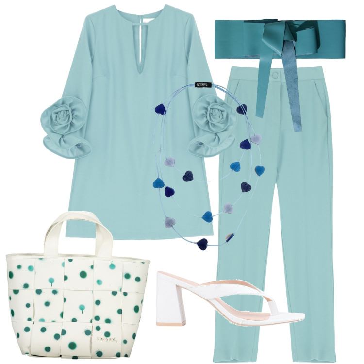Outfit donna - Completo verde acqua. Stile Casual per Tutti i giorni. Abbinamento con infradito, collane, cinture, pantaloni, vestiti corti, borse a spalla.