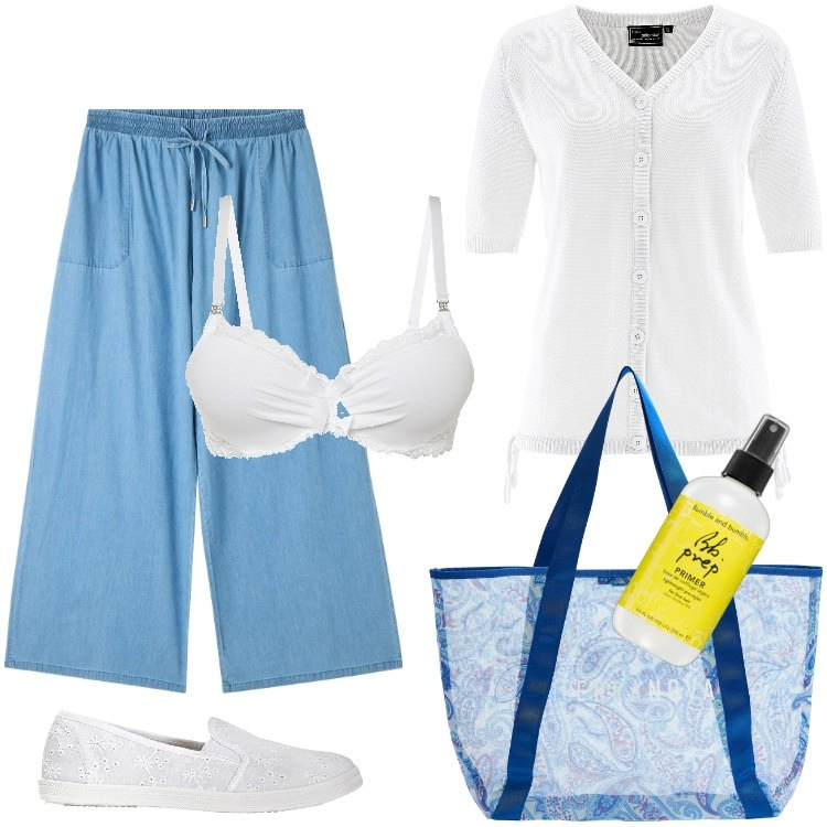 Outfit donna - Total look #1863307. Stile Casual per Mare. Abbinamento con ballerine, reggiseni, cardigans, primer, pantaloni a palazzo, shopping bag.