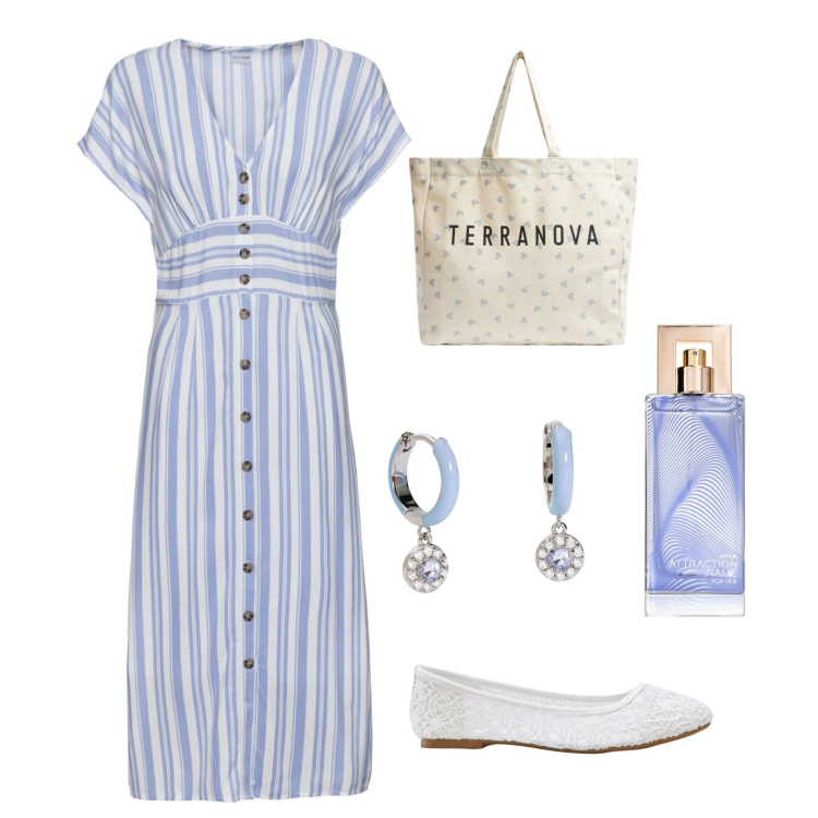 Outfit donna - Leggera come una nuvola. Stile Basic per Tutti i giorni. Abbinamento con ballerine, vestiti, profumi, shopping bag, orecchini.