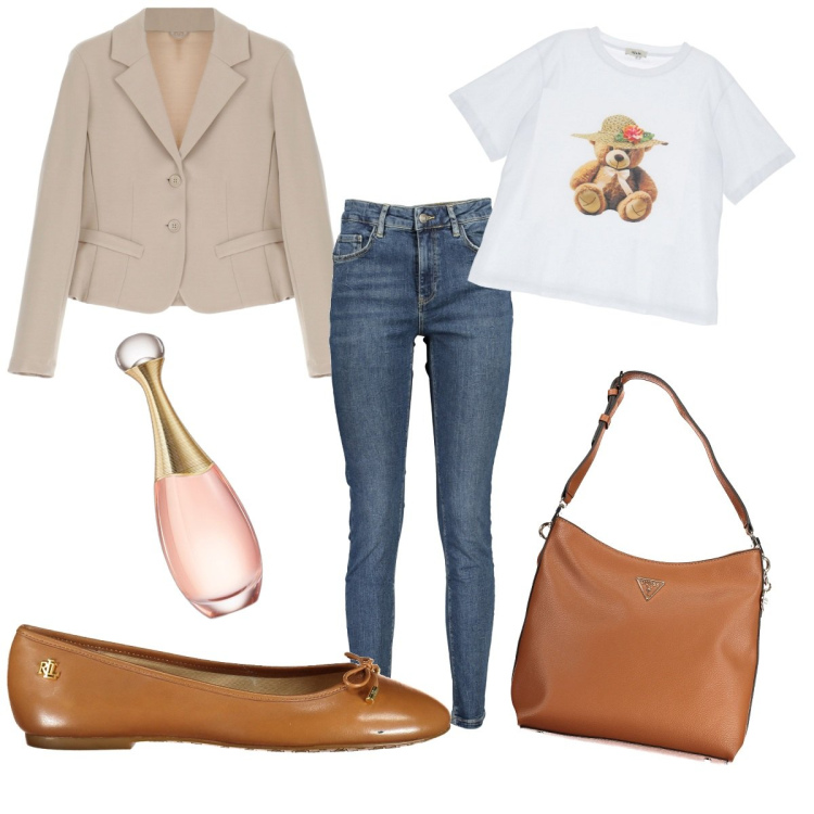 Outfit donna - Total look #1863316. Stile Casual per Tutti i giorni. Abbinamento con profumi, blazer, t-shirt, borse a tracolla, jeans slim fit, ballerine.