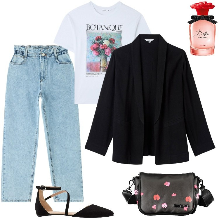 Outfit donna - Total look #1863318. Stile Sporty chic per Tutti i giorni. Abbinamento con ballerine, profumi, blazer, jeans, t-shirt, borse a spalla.