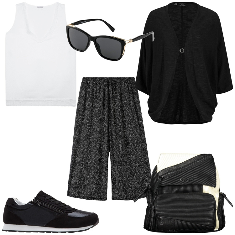 Outfit donna - Basic forme morbide. Stile Basic per Tutti i giorni. Abbinamento con cardigans, sneakers, occhiali da sole, pantaloni a palazzo, top, zaini.