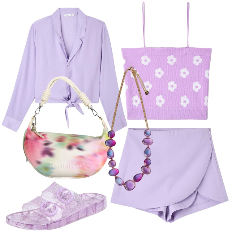 Outfit donna - Arriva il caldo. Stile Casual per Tutti i giorni. Abbinamento con camicie, gonne, top, ciabatte, borse a spalla, collane.