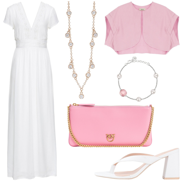 Outfit donna - Cerimonia primavera inoltrata. Stile Chic per Cerimonia. Abbinamento con vestiti lunghi, infradito, braccialetti, collane, borse a tracolla, blazer.