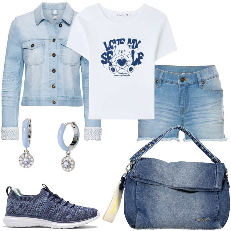 Outfit donna - Jeans in libertà. Stile Casual per Tutti i giorni. Abbinamento con blazer, sneakers, shorts, t-shirt, orecchini, borse a spalla.
