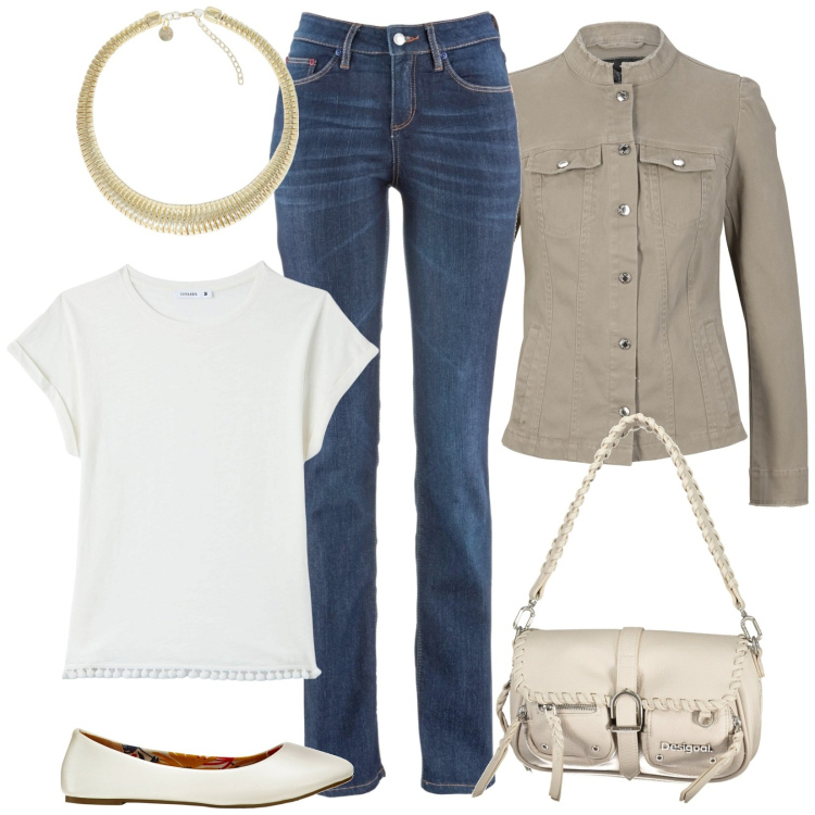 Outfit donna - Total look #1863338. Stile Basic per Tutti i giorni. Abbinamento con jeans dritti, ballerine, blazer, t-shirt, collane, borse a spalla.