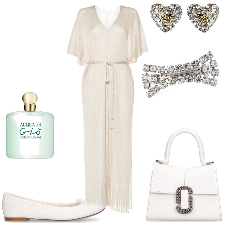 Outfit donna - Sposarsi in bianco. Stile Chic per Cerimonia. Abbinamento con orecchini, profumi, vestiti midi/longuette, borse a mano, ballerine, accessori per capelli.