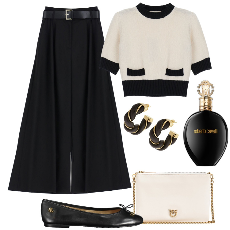 Outfit donna - Ufficio e serata raffinata. Stile Bon Ton per Serata fuori. Abbinamento con orecchini, profumi, borse a tracolla, pullovers, pantaloni a palazzo, ballerine.