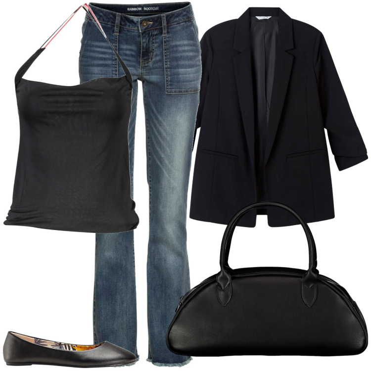 Outfit donna - Total look #1863347. Stile Casual chic per Tutti i giorni. Abbinamento con ballerine, jeans bootcut, blazer, top, borse a spalla.