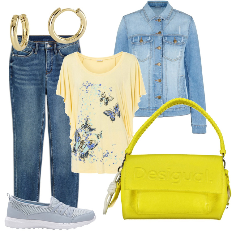 Outfit donna - Giallo e azzurro. Stile Casual per Tutti i giorni. Abbinamento con jeans skinny, sneakers, blazer, maglieria, orecchini, borse a spalla.