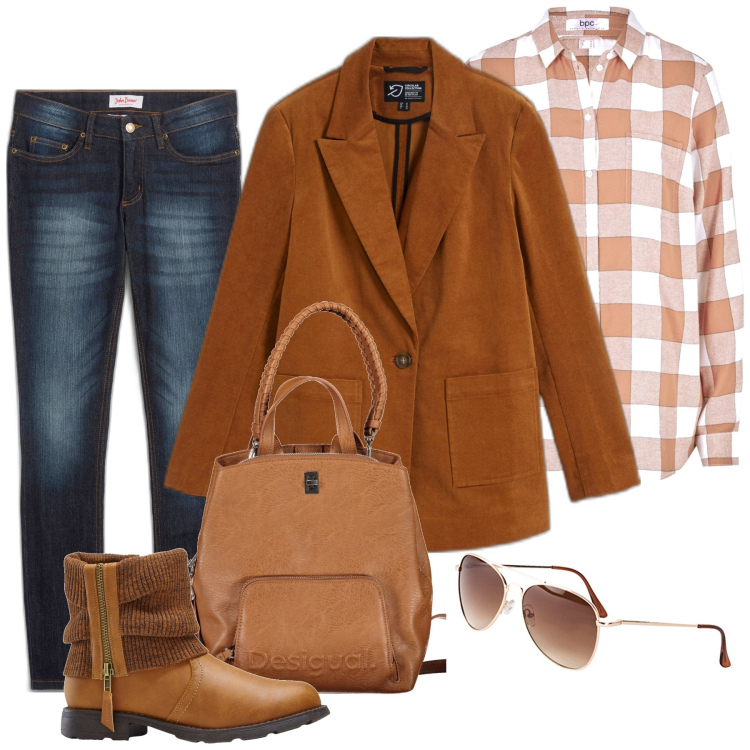 Outfit donna - Total look #1863363. Stile Boho per Tutti i giorni. Abbinamento con jeans skinny, occhiali da sole, stivaletti, blazer, camicie, zaini.