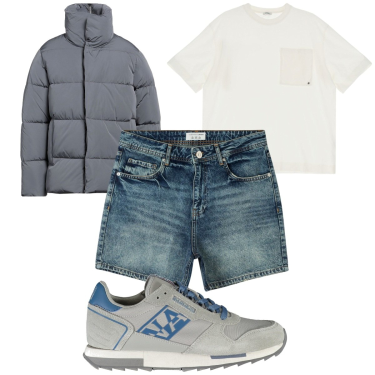 Outfit uomo - Total look #1863384. Stile Casual per Tutti i giorni. Abbinamento con piumini, shorts, t-shirt, scarpe sportive.