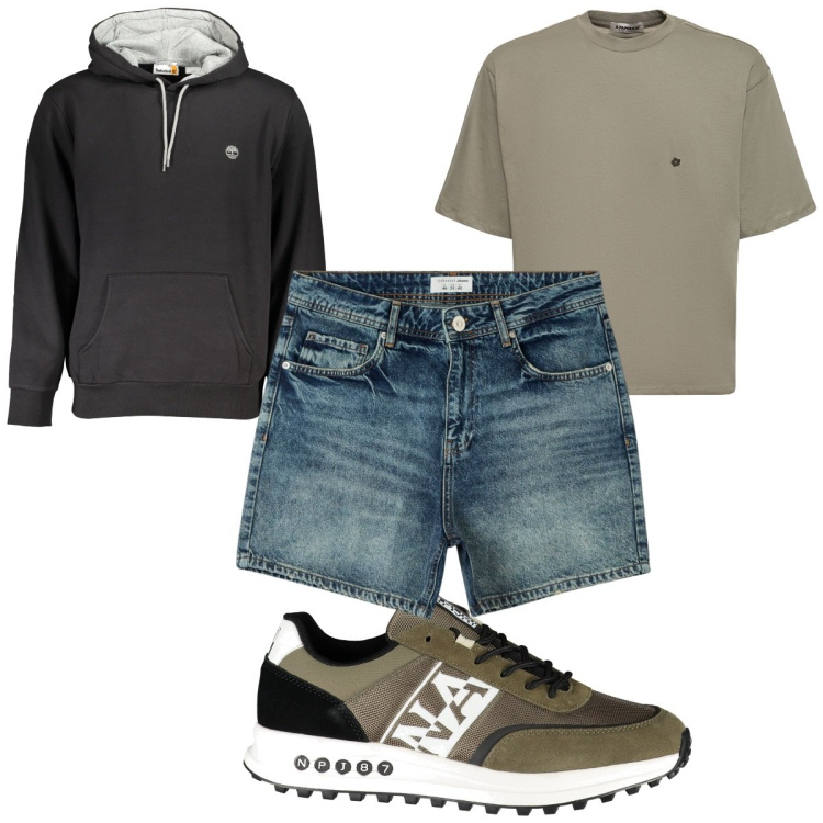 Outfit uomo - Total look #1863386. Stile Trendy per Tutti i giorni. Abbinamento con shorts, t-shirt, scarpe sportive, felpe con cappuccio.