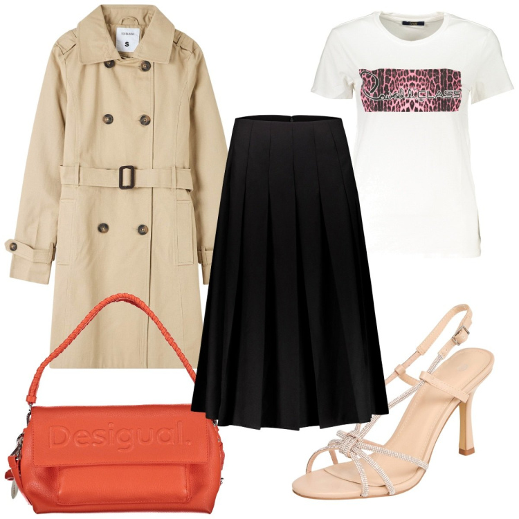 Outfit donna - Total look #1863390. Stile Trendy per Tutti i giorni. Abbinamento con trench, sandali col tacco, gonne longuette, borse a spalla, t-shirt.