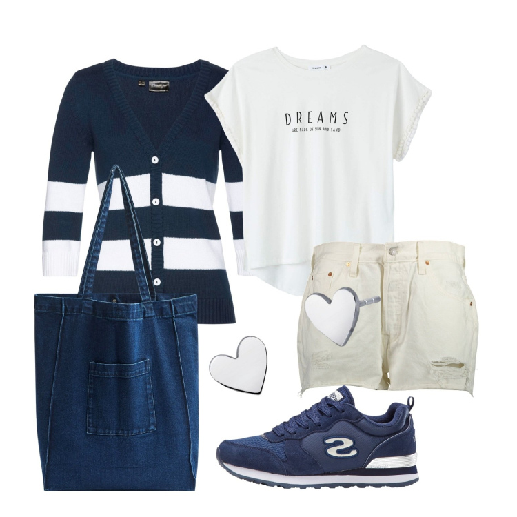 Outfit donna - Ghost outfitter - aprile. Stile Casual per Tutti i giorni. Abbinamento con cardigans, sneakers, t-shirt, shopping bag, orecchini, jeans strappati.