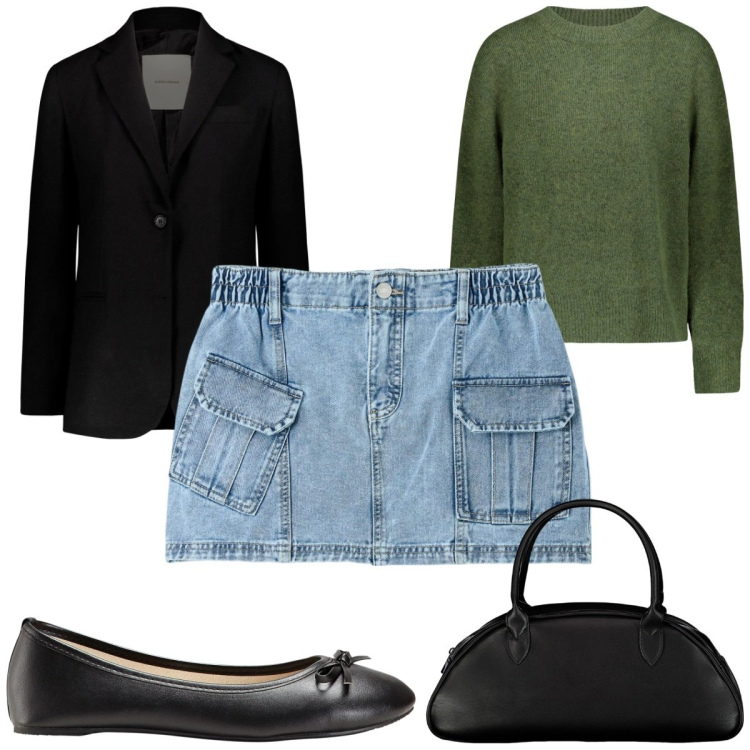 Outfit donna - Total look #1863393. Stile Trendy per Tutti i giorni. Abbinamento con ballerine, minigonne, blazer, borse a spalla, maglieria.
