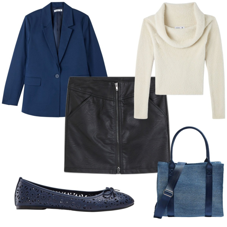 Outfit donna - Total look #1863400. Stile Trendy per Tutti i giorni. Abbinamento con ballerine, minigonne, shopping bag, maglieria, blazer.