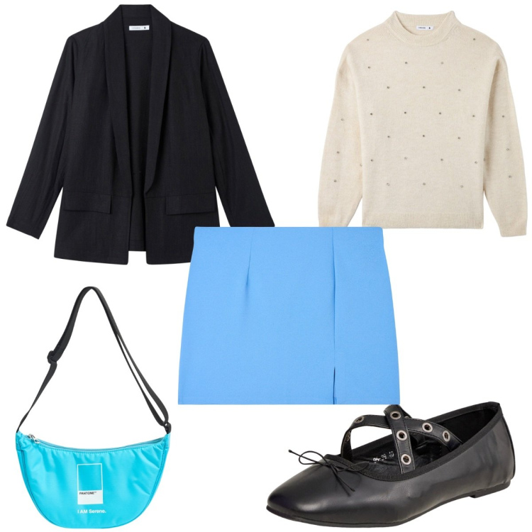 Outfit donna - Total look #1863402. Stile Trendy per Tutti i giorni. Abbinamento con ballerine, marsupi, minigonne, blazer, maglieria.