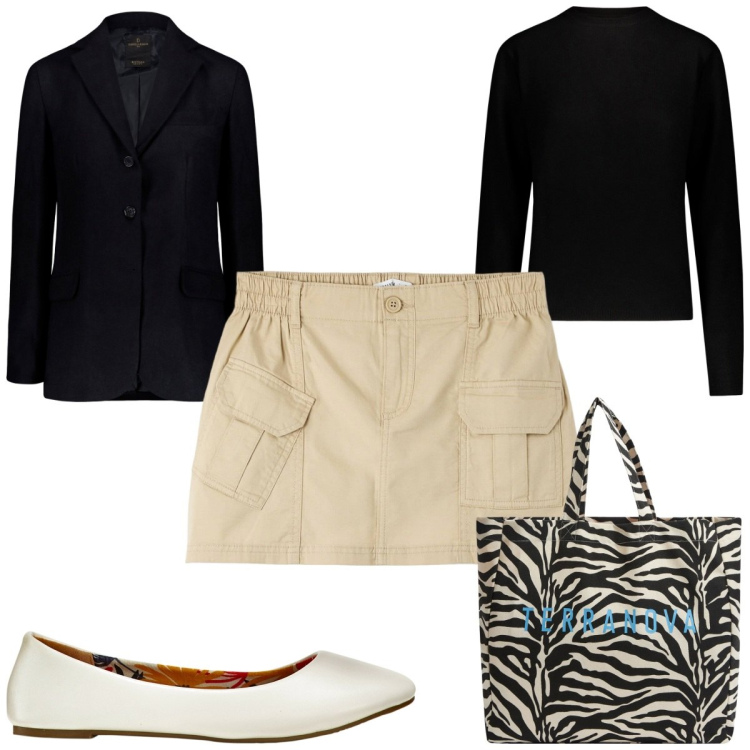 Outfit donna - Total look #1863404. Stile Trendy per Tutti i giorni. Abbinamento con ballerine, borse tote, minigonne, maglieria, blazer.