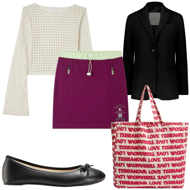 Outfit donna - Total look #1863408. Stile Trendy per Tutti i giorni. Abbinamento con ballerine, maglieria, minigonne, borse tote, blazer.