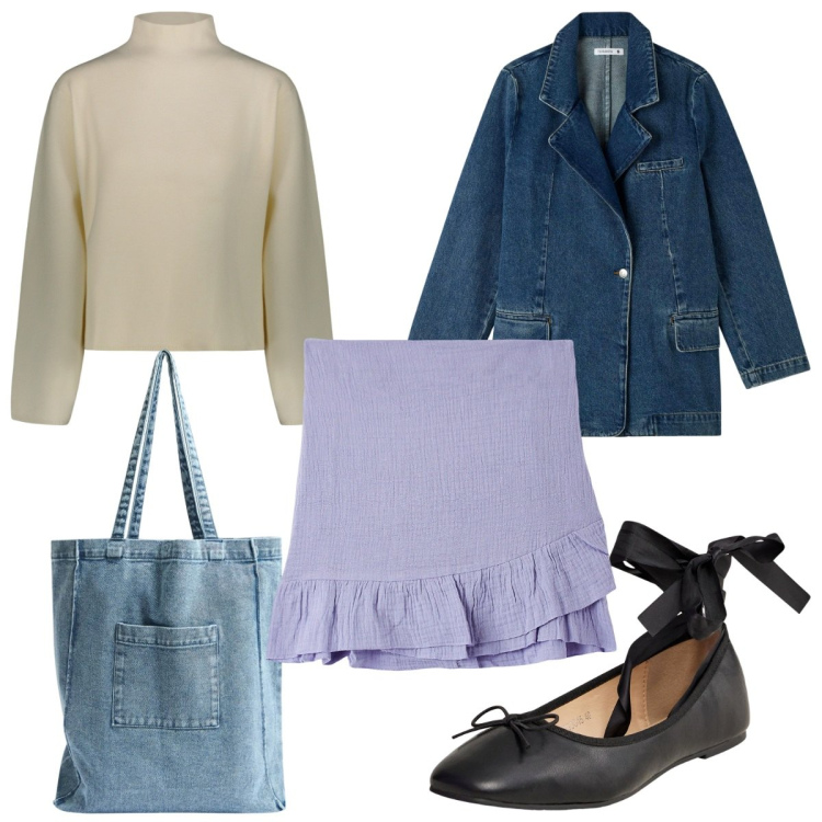 Outfit donna - Total look #1863415. Stile Trendy per Tutti i giorni. Abbinamento con blazer, shopping bag, minigonne, ballerine, maglieria.