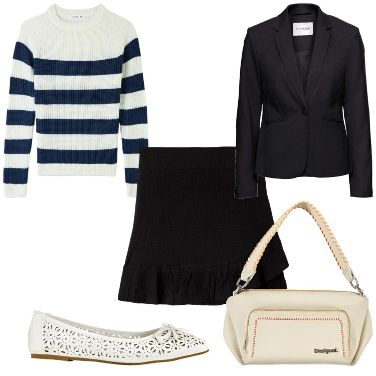 Outfit donna - Total look #1863418. Stile Trendy per Tutti i giorni. Abbinamento con blazer, ballerine, maglieria, minigonne, borse a spalla.