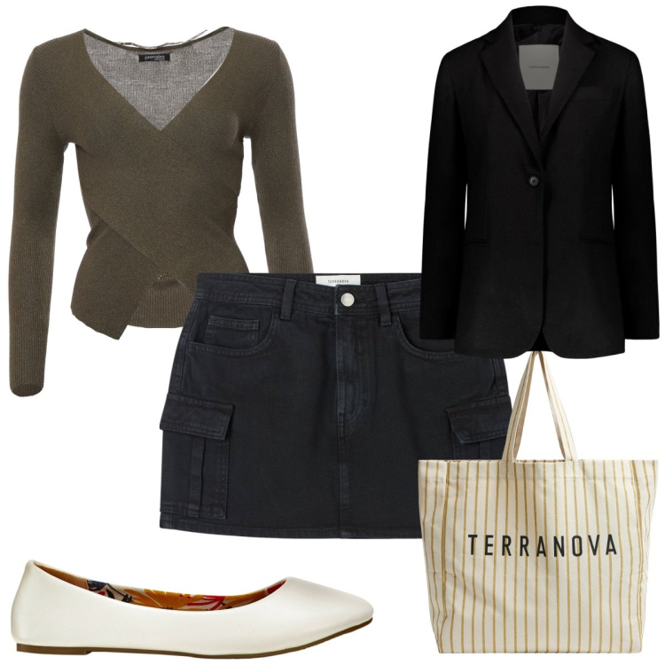 Outfit donna - Total look #1863432. Stile Trendy per Tutti i giorni. Abbinamento con ballerine, minigonne, borse tote, maglieria, blazer.