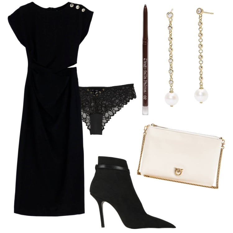 Outfit donna - Total look #1863433. Stile Chic per Serata fuori. Abbinamento con stivaletti, culotte, eyeliner, orecchini, borse a tracolla, vestiti midi/longuette.