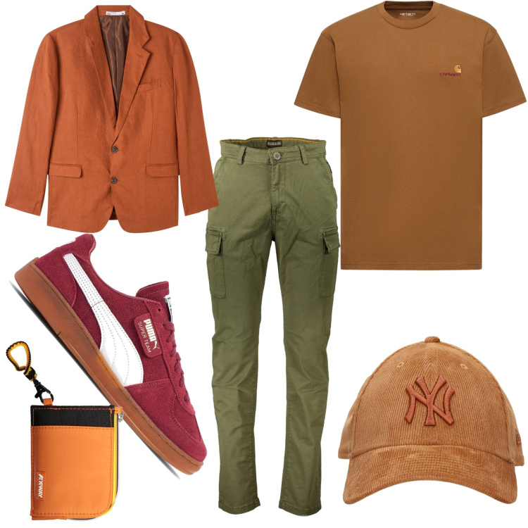 Outfit uomo - Casual a colori caldi e intensi. Stile Trendy per Tutti i giorni. Abbinamento con giacche, t-shirt, pantaloni, portafogli, sneakers, cappelli.