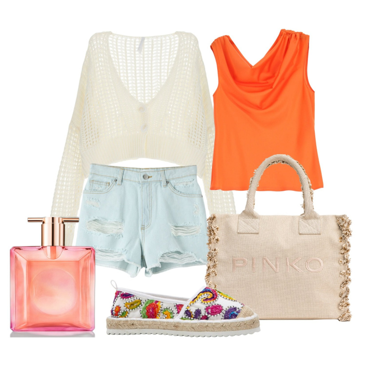 Outfit donna - Gita fuori porta. Stile Casual per Tutti i giorni. Abbinamento con espadrillas, profumi, shorts, shopping bag, canottiere, cardigans.