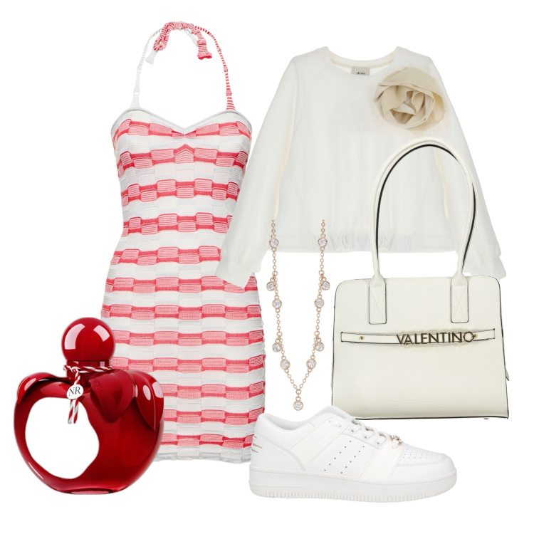 Outfit donna - Giornata al mare. Stile Casual chic per Mare. Abbinamento con sneakers, profumi, felpe, collane, borse a spalla, vestiti asimmetrici.