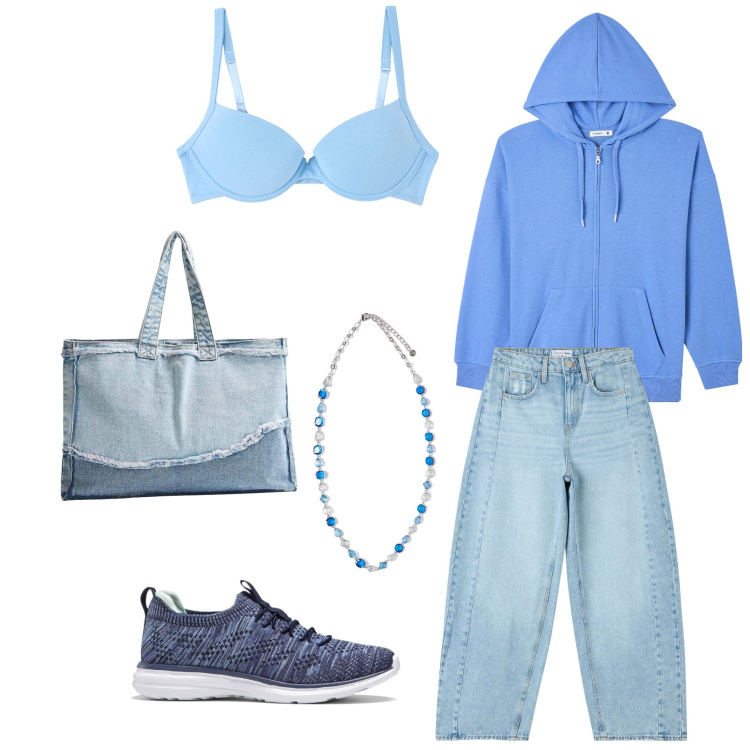 Outfit donna - Passeggiata in light blue. Stile Minimal per Tutti i giorni. Abbinamento con sneakers, jeans, reggiseni push-up, felpe con cappuccio, shopping bag, collane.