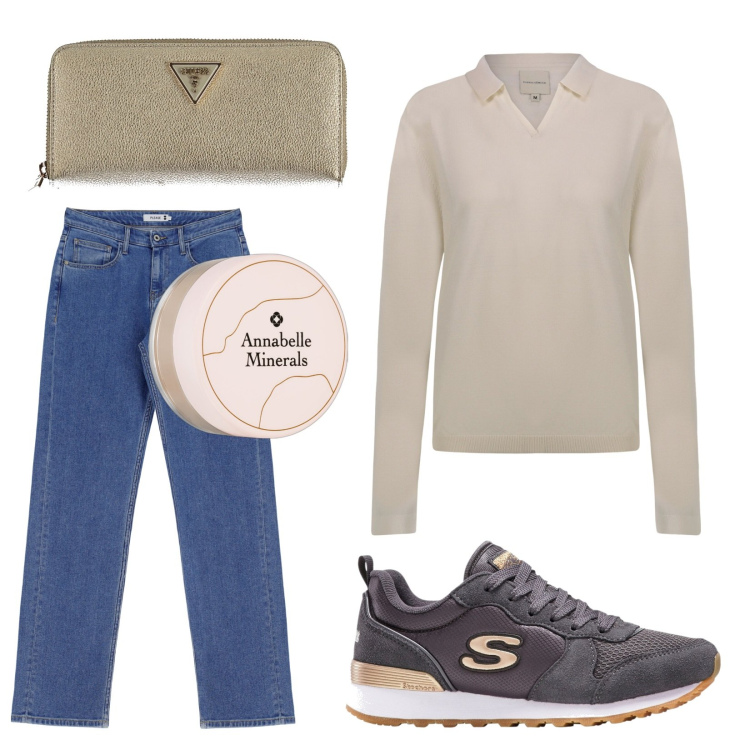 Outfit donna - Basic. Stile Basic per Tutti i giorni. Abbinamento con sneakers, primer, jeans dritti, portafogli, polo.
