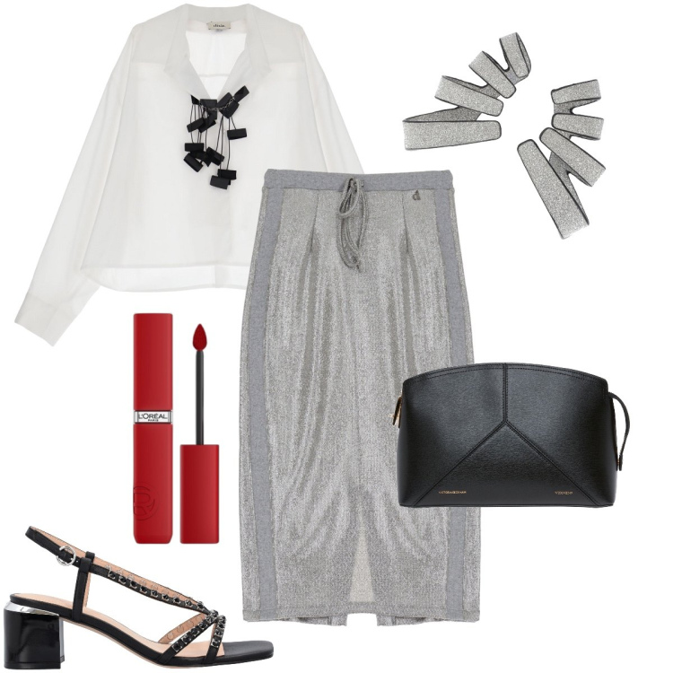 Outfit donna - Il collier a contrasto. Stile Chic per Serata fuori. Abbinamento con rossetti, sandali in pelle, gonne longuette, camicie, orecchini, clutch.