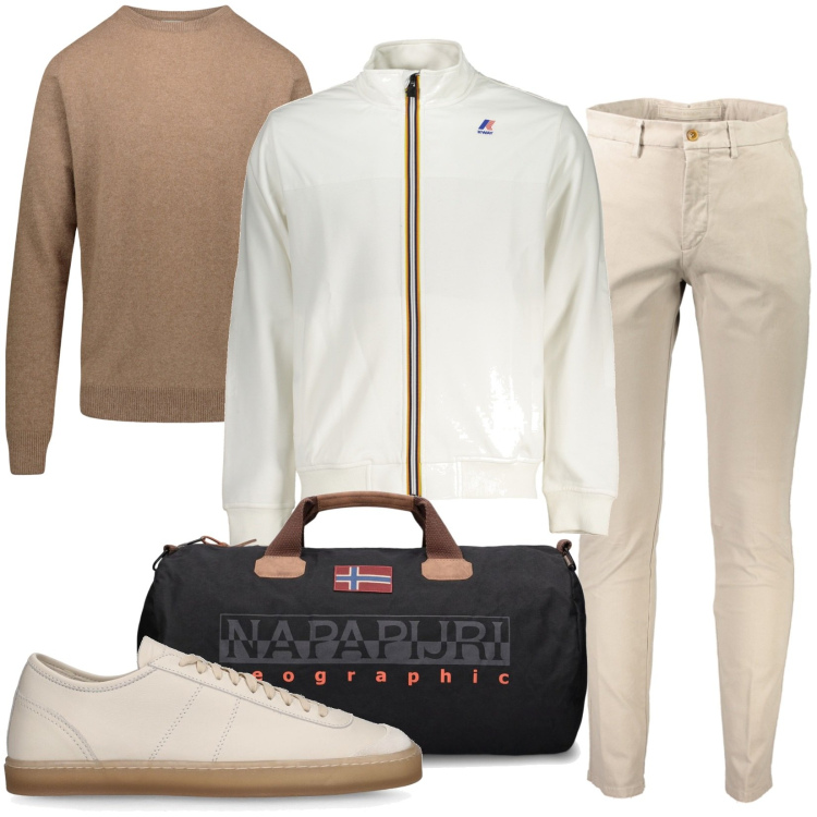 Outfit uomo - Toni chiari. Stile Casual per Tutti i giorni. Abbinamento con maglieria, felpe, borse sportive, sneakers, pantaloni.