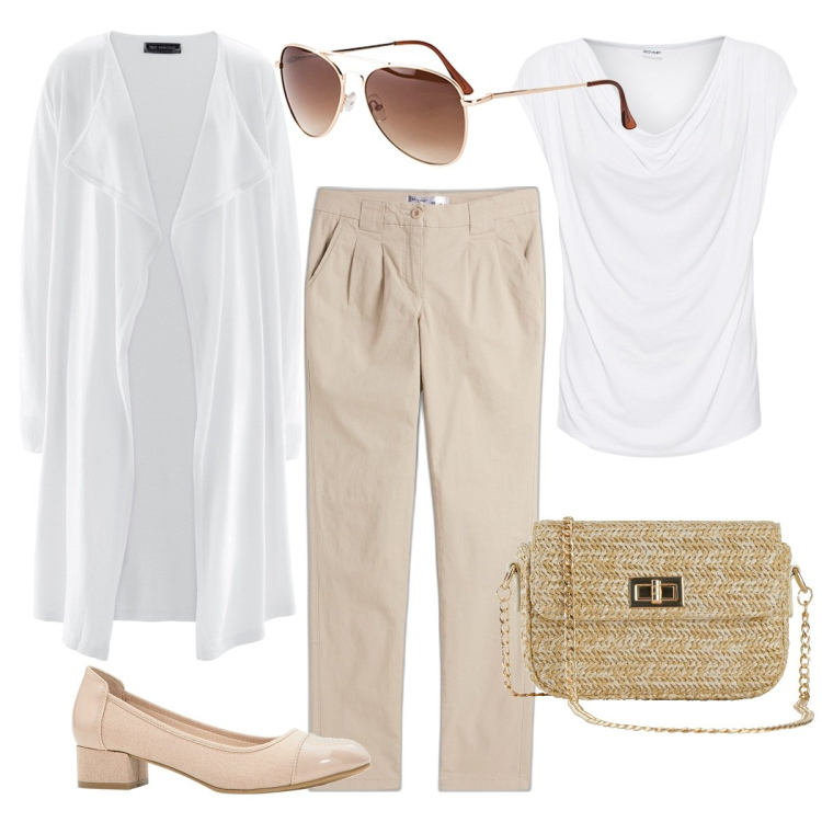 Outfit donna - Elogio dello stile minimal. Stile Minimal per Ufficio. Abbinamento con pantaloni chino, maglieria, occhiali da sole, cardigans, décolleté, borse a mano.