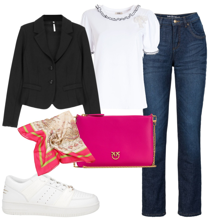 Outfit donna - Total look #1863547. Stile Casual chic per Tutti i giorni. Abbinamento con jeans dritti, sneakers, borse a tracolla, t-shirt, blazer, foulard.