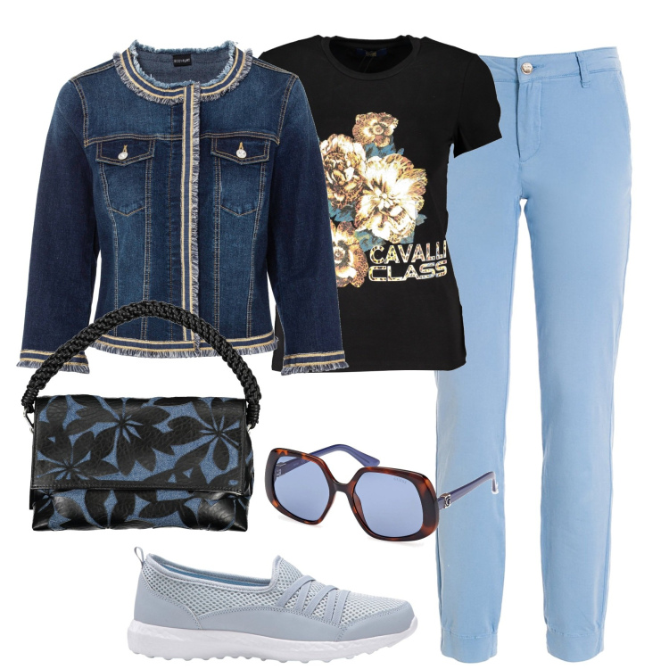 Outfit donna - City. Stile Basic per Tutti i giorni. Abbinamento con blazer, sneakers, pantaloni, t-shirt, borse a spalla, occhiali da sole.