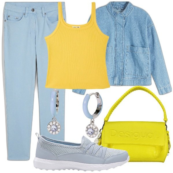 Outfit donna - Primavera in Giallo e azzurro. Stile Casual chic per Tutti i giorni. Abbinamento con pantaloni, sneakers, blazer, top, orecchini, borse a spalla.