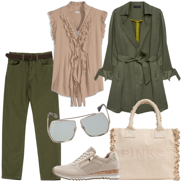 Outfit donna - Capsule wardrobe. Stile Basic per Tutti i giorni. Abbinamento con sneakers, maglieria, shopping bag, pantaloni, trench, occhiali da sole.