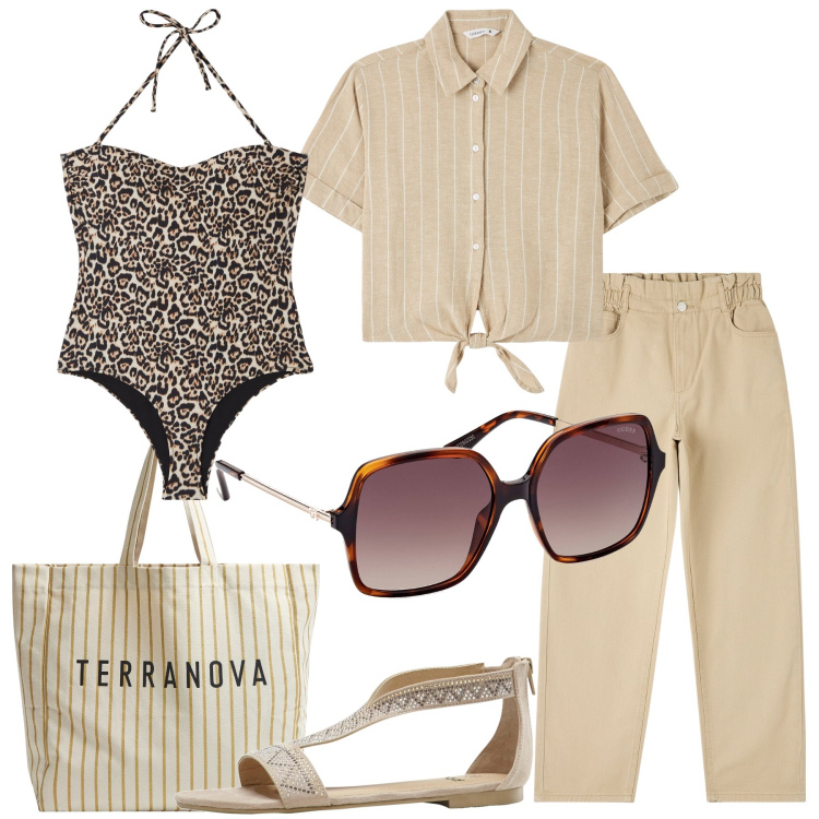Outfit donna - Mai senza costume. Stile Etnico per Mare. Abbinamento con sandali, costumi interi, pantaloni, camicie a manica corta, borse tote, occhiali da sole.