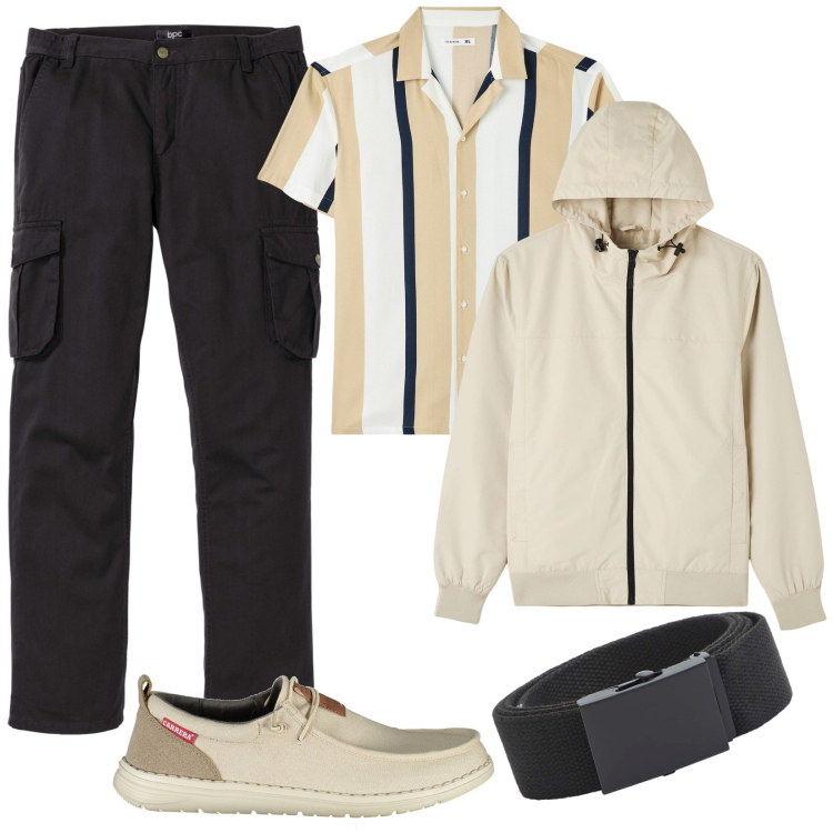 Outfit uomo - La giacca antivento. Stile Urban per Tutti i giorni. Abbinamento con pantalone cargo nero, camicie a manica corta, giacche, cinture, scarpe stringate.